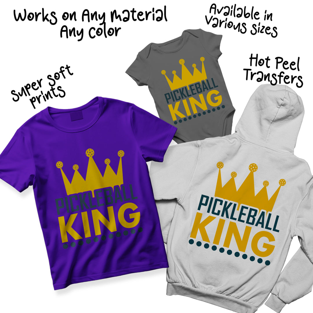 Multiple color variations of Pickleball King crown DTF transfer showing different metallic and color options for custom projects