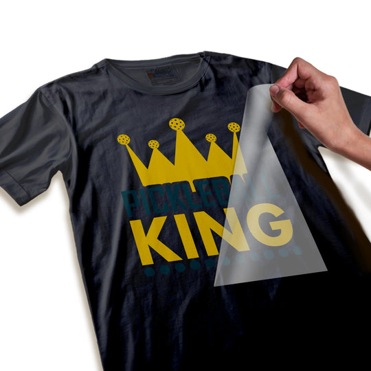 Close-up detail view of Pickleball King DTF transfer showing gold crown texture, dotted embellishments, and high-quality print resolution