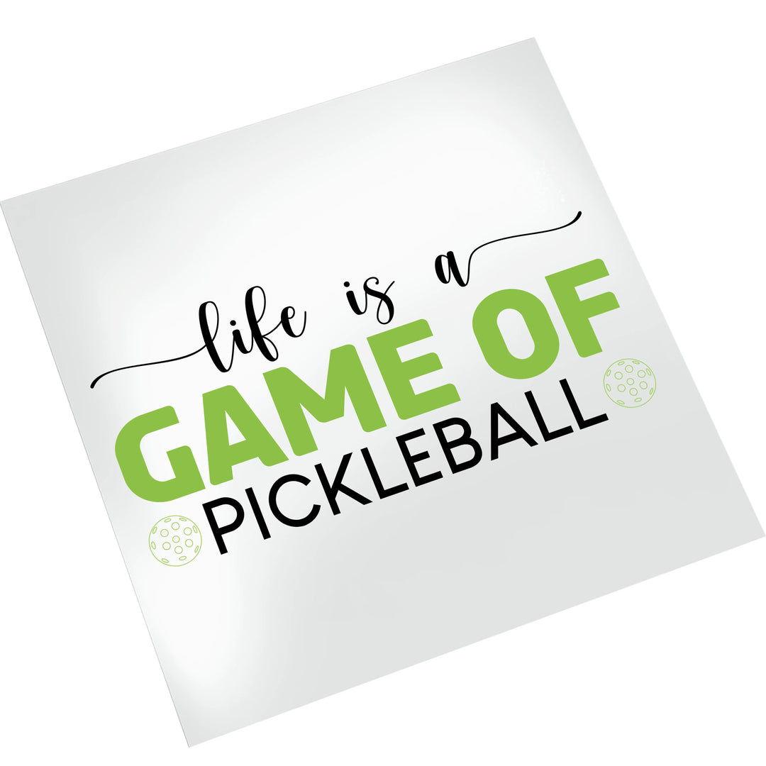 Pickleball DTF transfer mockup on white background showing green text design with paddle sport quote ready to press