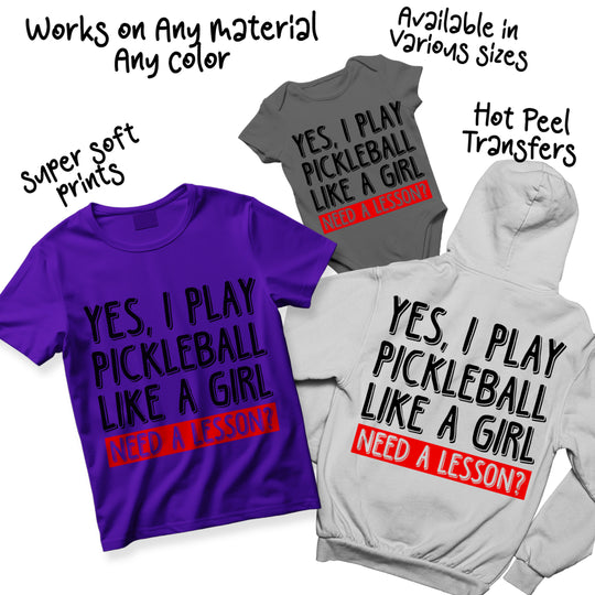 Multiple color variations of pickleball DTF transfer showing different text and accent color combinations for customization options