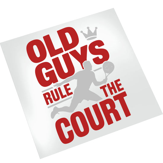 Pickleball DTF transfer with bold red text 'Old Guys Rule The Court' featuring gray crown and player graphic, ready to press design