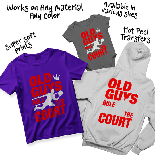Multi-color pickleball DTF transfer showing red text variations with gray accents and crown design for court sports apparel