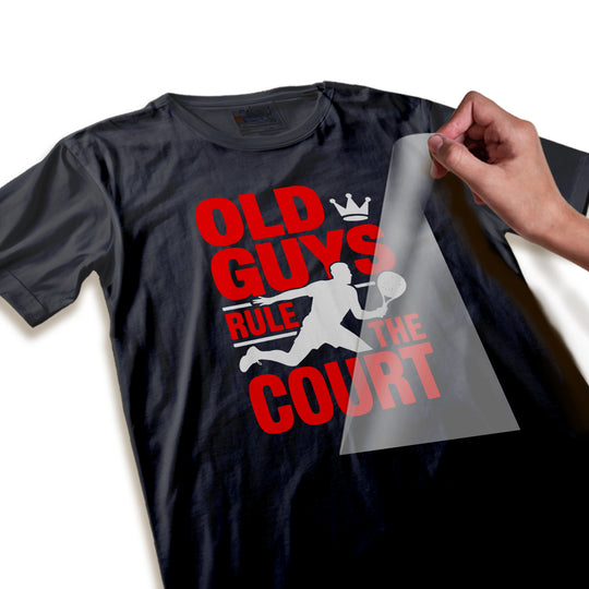 Close-up detail of pickleball DTF transfer showing crisp red text quality, gray crown accent, and player silhouette graphic