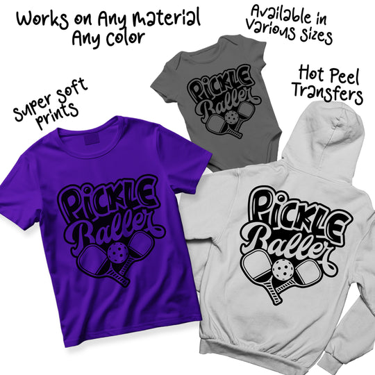 Pickleball DTF transfer design variations showing different color options for the Pickle Baller text and paddle graphics