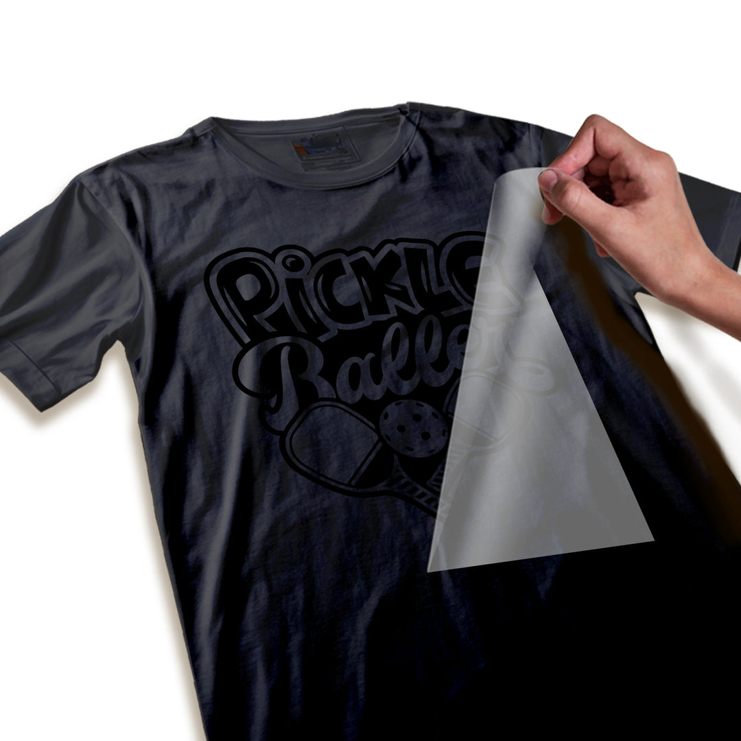 Close-up detail of pickleball DTF transfer showing the smooth finish and vibrant colors of the Pickle Baller text and paddle design