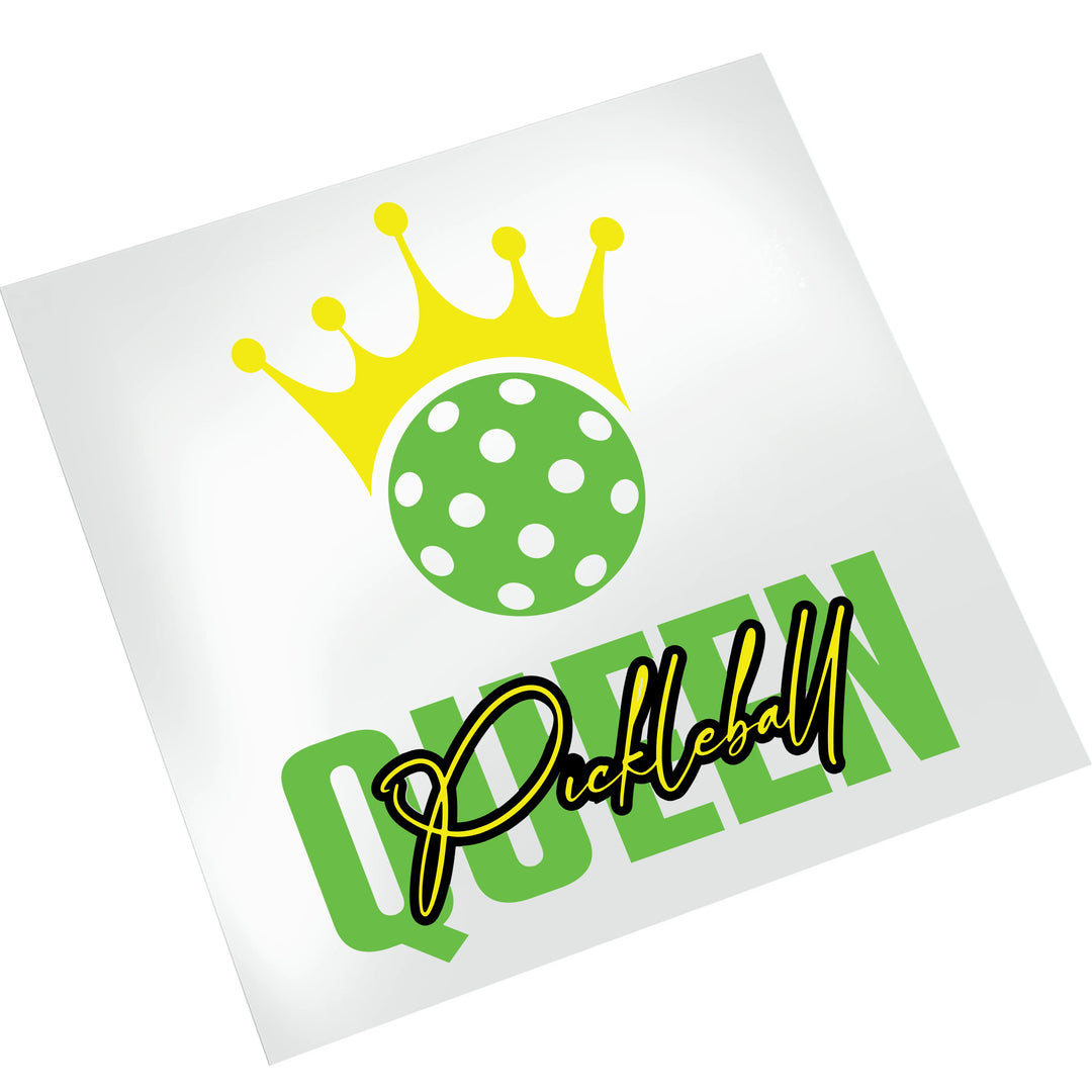 Pickleball Queen DTF transfer on white background showing yellow crown, green ball with white dots, and decorative text