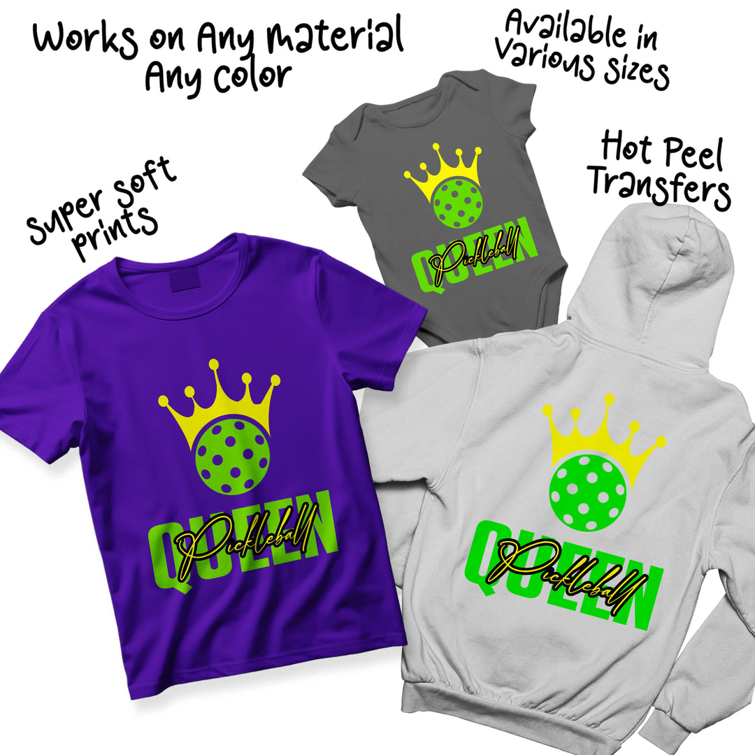 Multiple color variations of Pickleball Queen DTF transfer showing different crown and ball color combinations