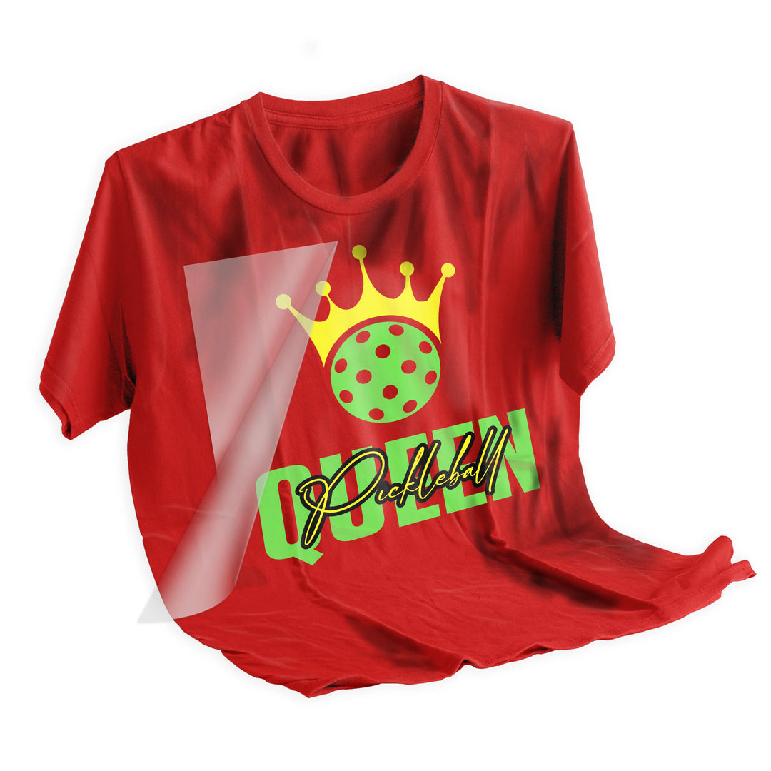 Pickleball Queen DTF transfer applied to dark shirt showing vibrant colors and crisp detail after heat pressing