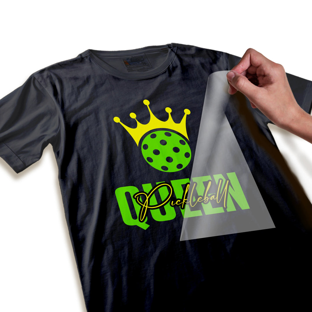 Close-up detail of Pickleball Queen DTF transfer showing crown points, polka dot texture, and script lettering quality