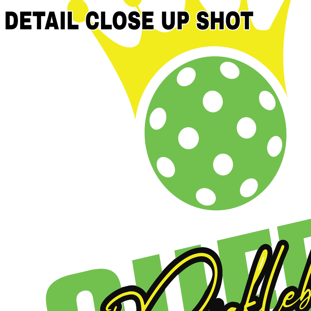 Pickleball Queen DTF transfer design with golden crown above green polka dot ball and stylized QUEEN text