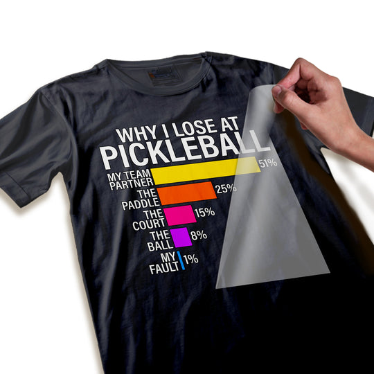 Close-up detail of pickleball DTF transfer showing crisp text and vibrant colors of the humorous statistical breakdown chart