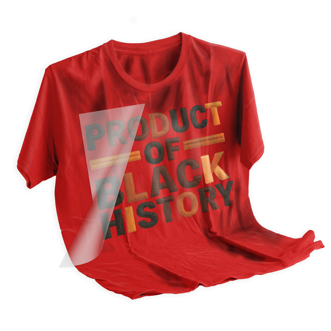 Black History DTF transfer applied to dark t-shirt showing textured faux yarn lettering effect