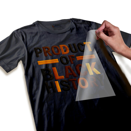 Close-up detail of Black History DTF transfer showing dimensional textured yarn-like lettering quality