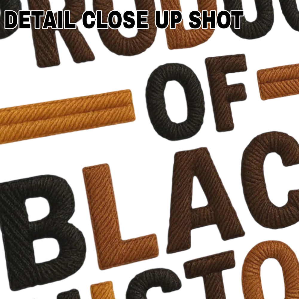 Product of Black History DTF transfer with textured brown and orange faux yarn lettering on white background