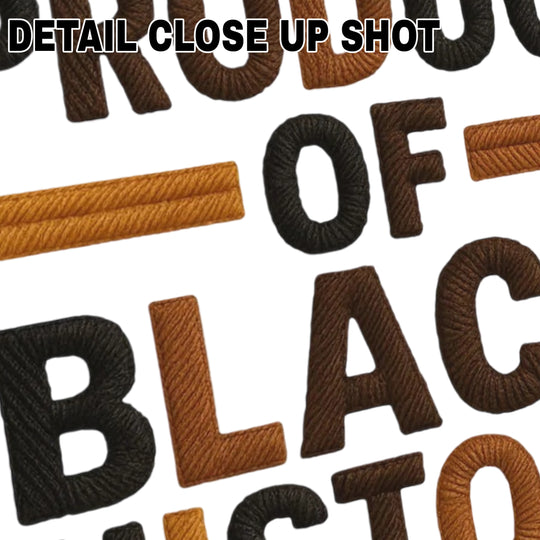 Product of Black History DTF transfer with textured brown and orange faux yarn lettering on white background