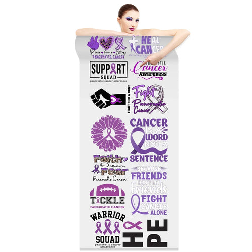 Pancreatic Cancer Awareness DTF Transfer Gang Sheet showing 13 purple ribbon designs ready to press on 22x60 inch sheet
