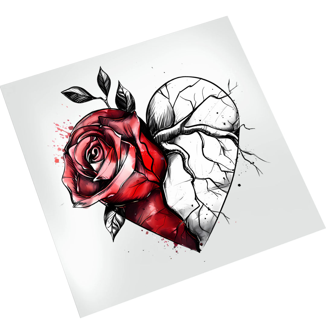 Red rose cracked heart Valentine DTF transfer displayed on white t-shirt mockup showing size and placement