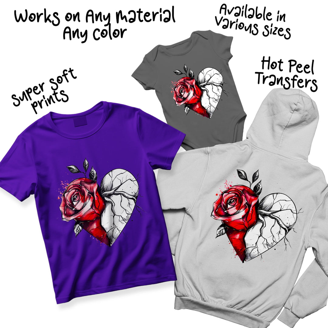 Valentine rose heart DTF transfer showing color variations and size options available for custom printing