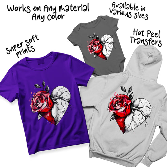 Valentine rose heart DTF transfer showing color variations and size options available for custom printing