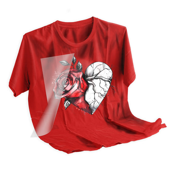 Heat press application of Valentine rose cracked heart DTF transfer being applied to dark colored t-shirt