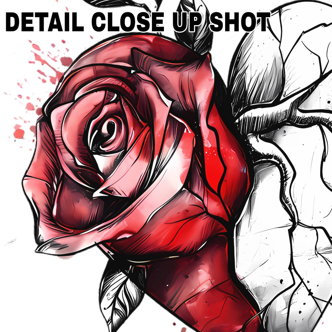 Valentine DTF transfer design showing red rose with black leaves next to cracked heart outline on white background