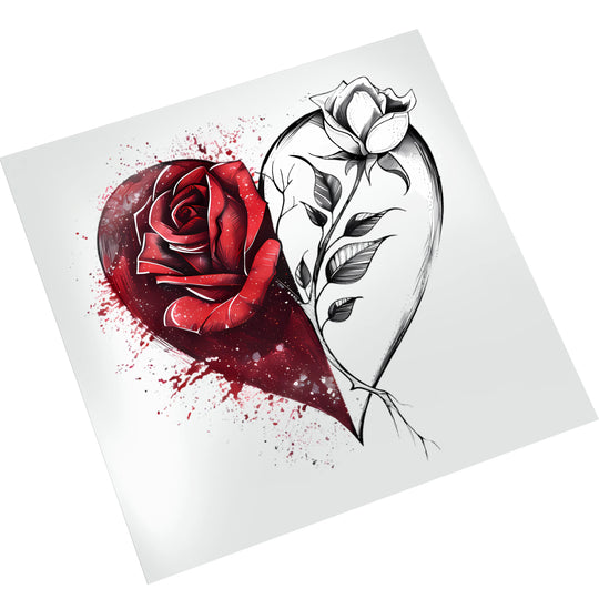 Red and white rose heart DTF transfer on white background showing detailed watercolor splash effects and romantic valentine design