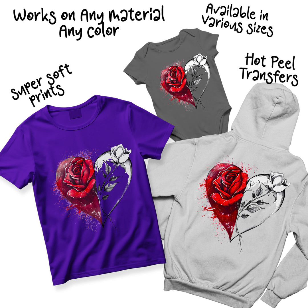 Valentine rose heart DTF transfer color variations showing different romantic color combinations for couples apparel