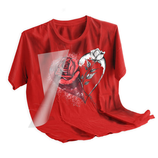 Valentine rose heart DTF transfer applied to red t-shirt showing final pressed result for romantic apparel