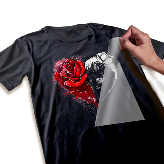 Close-up detail of valentine rose heart DTF transfer showing watercolor texture and intricate rose petal details