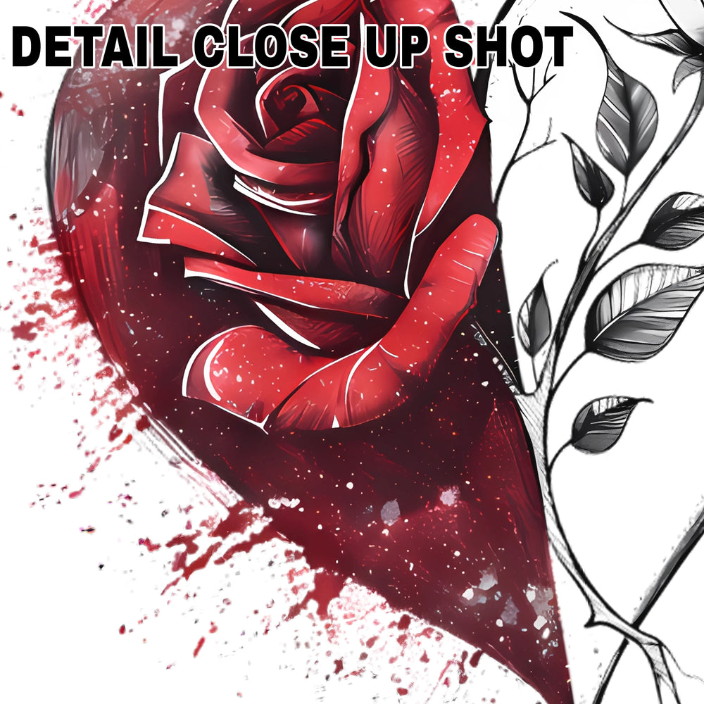 Valentine DTF transfer design showing red rose with watercolor splashes and black white rose forming heart shape on gray background