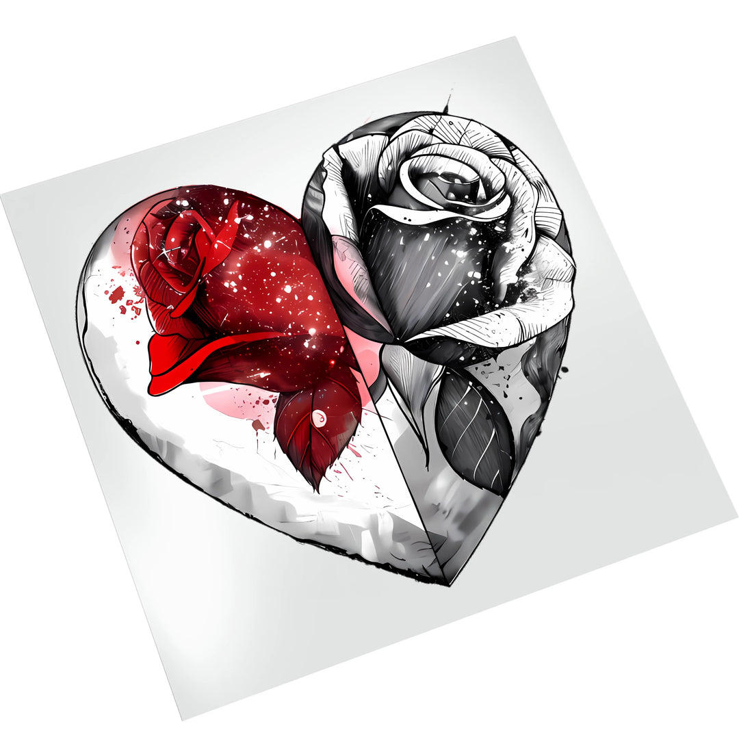 Valentine split heart rose DTF transfer displayed on white background showing artistic sketch details and vibrant red accents