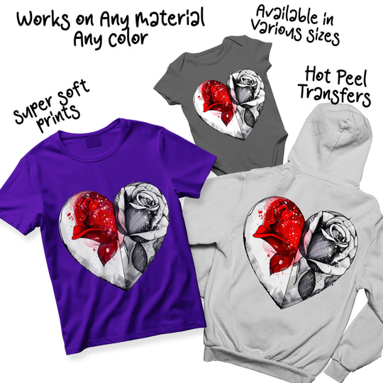 Multi-color variations of split heart rose DTF transfer showing different color combinations and design options