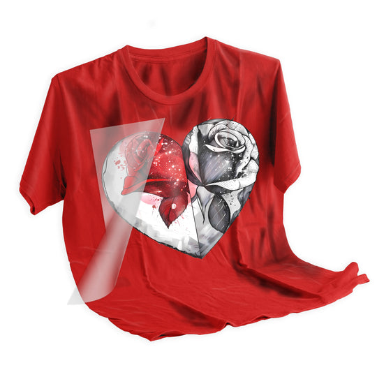 Split heart rose DTF transfer applied to dark t-shirt showing final pressed result and design quality