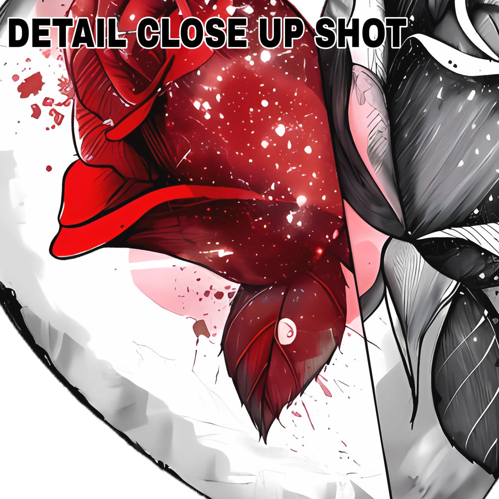 Split heart DTF transfer design with detailed sketch rose on right side and red flourish on left against white background