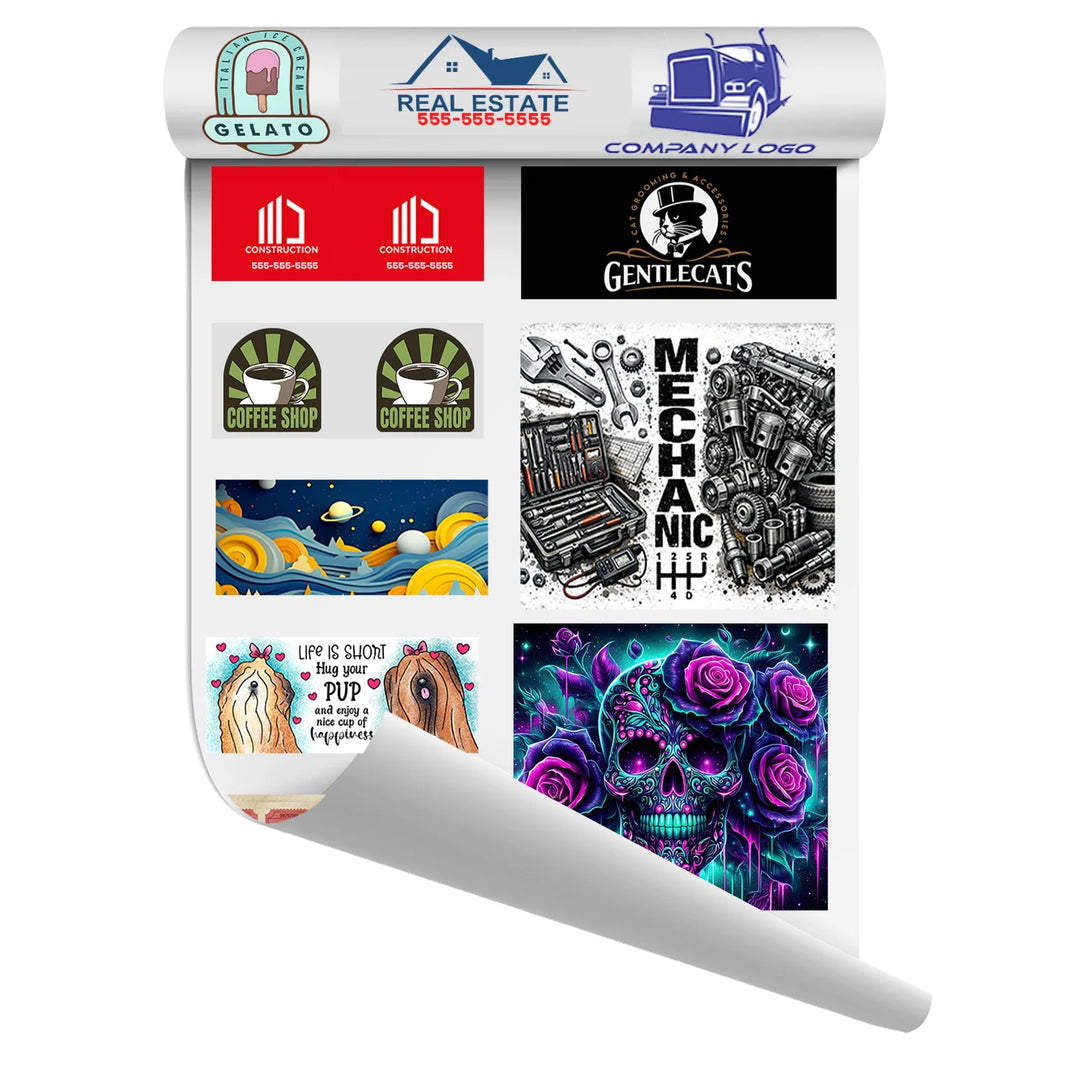Custom sublimation gang sheet showing multiple business logos and decorative designs including real estate, coffee shop, mechanic, and sugar skull graphics arranged on one 22x60 inch sheet for cost-effective printing on mugs, tumblers, and polyester products