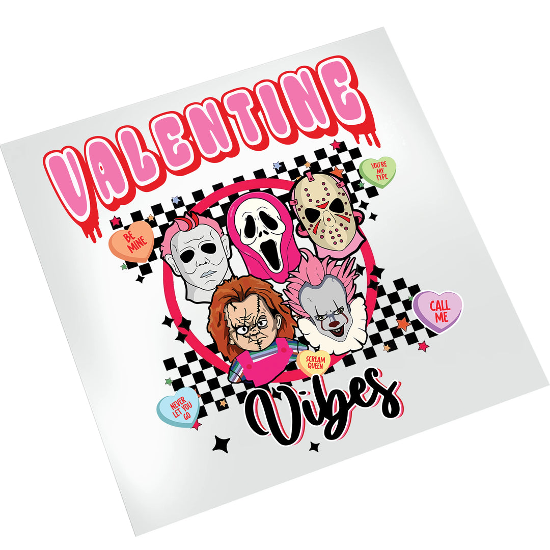 Slasher Horror Valentine DTF transfer on white background showing pink and red horror themed design with conversation hearts
