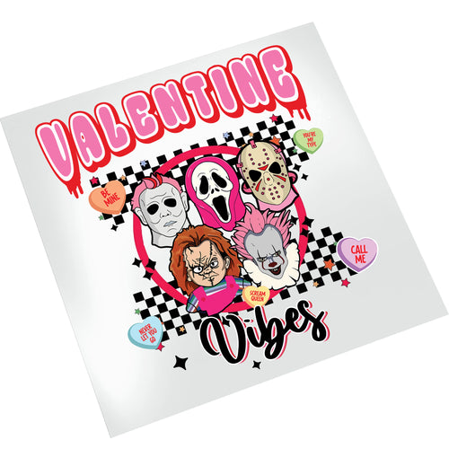 Slasher Horror Valentine DTF transfer on white background showing pink and red horror themed design with conversation hearts