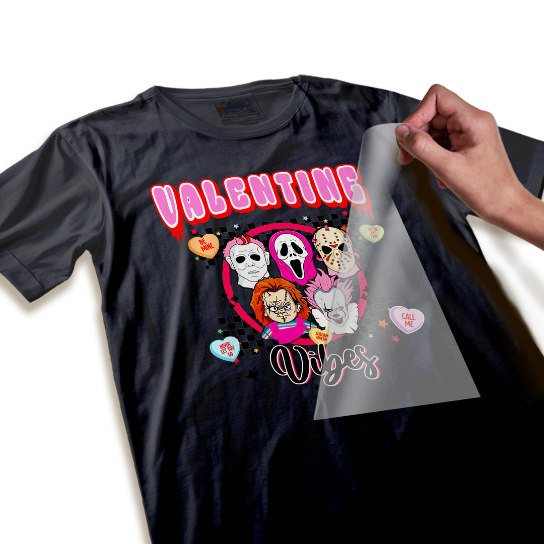 Close-up detail of Valentine horror DTF transfer showing crisp print quality of masked characters and checkered pattern