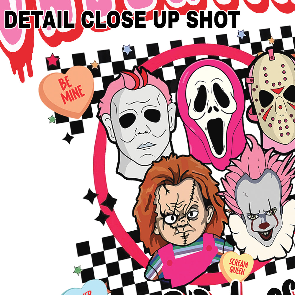 Valentine DTF transfer design featuring horror movie characters including masked slashers and conversation hearts on checkered background