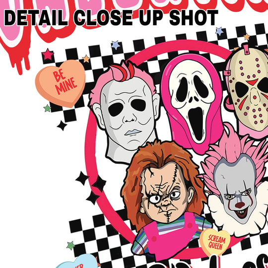 Valentine DTF transfer design featuring horror movie characters including masked slashers and conversation hearts on checkered background