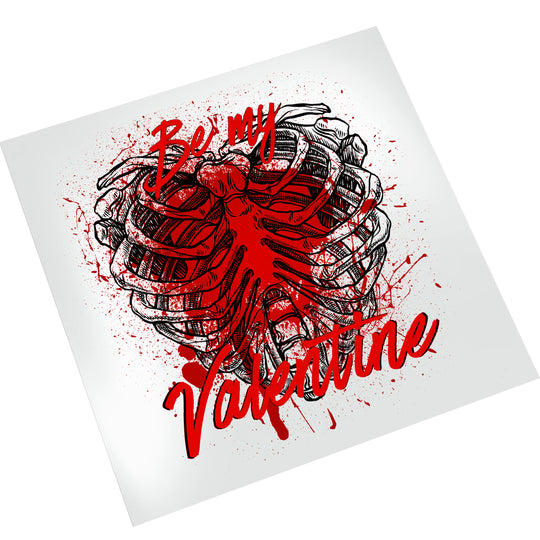 Tattoo style Valentine DTF transfer on white background showing anatomical heart design with distressed text and splatter effects