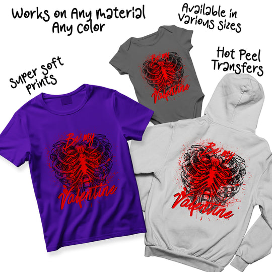 Multiple color variations of Be My Valentine anatomical heart DTF transfer design showing red, black and alternative colorways