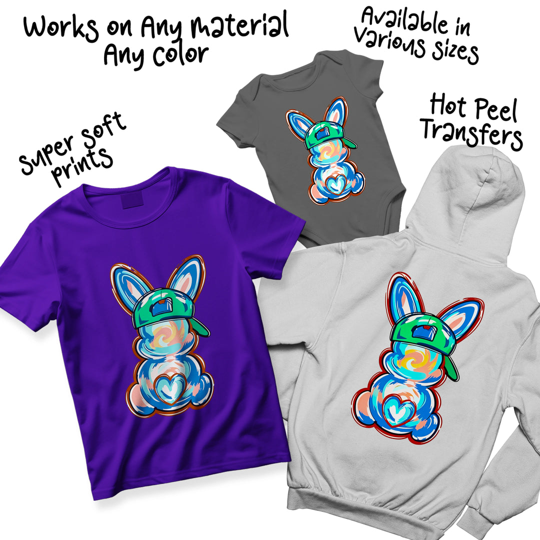 Multiple color variations of tie-dye bunny baseball cap DTF transfer showing different rainbow swirl combinations and color options