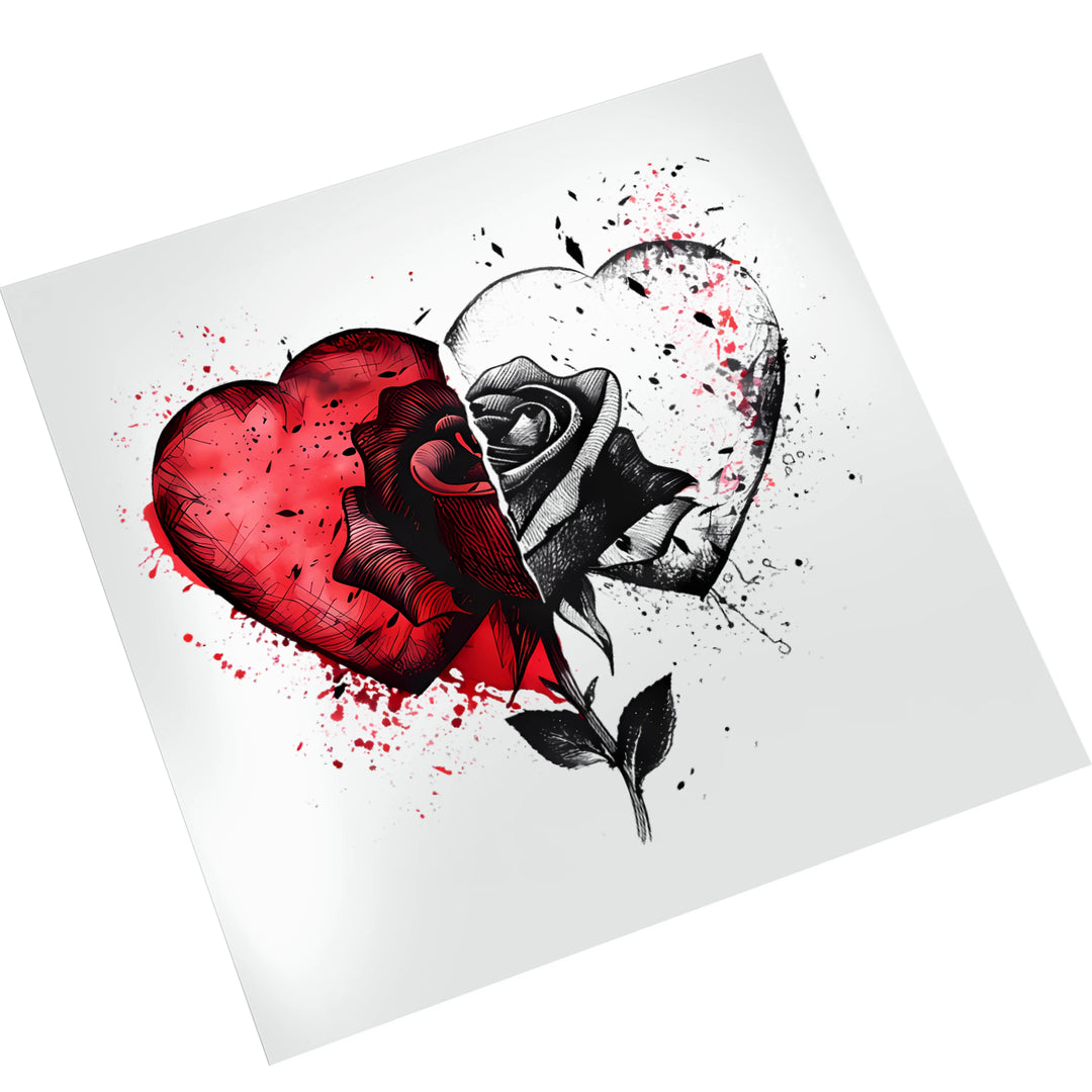 Heart and rose tattoo style DTF transfer displayed on white background showing detailed line work and grunge splatter elements