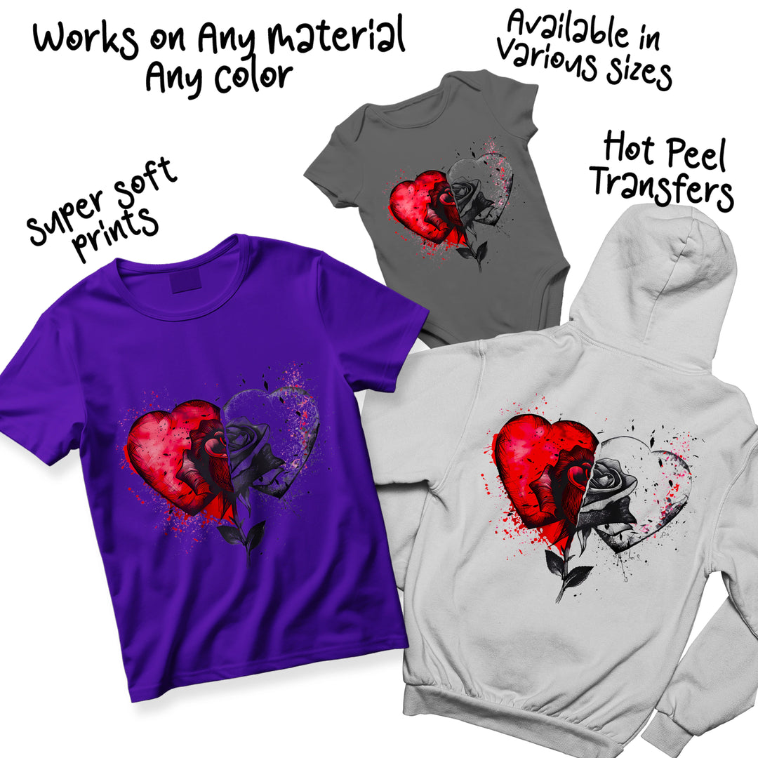 Valentine heart rose DTF transfer design variations showing different color combinations and artistic effects