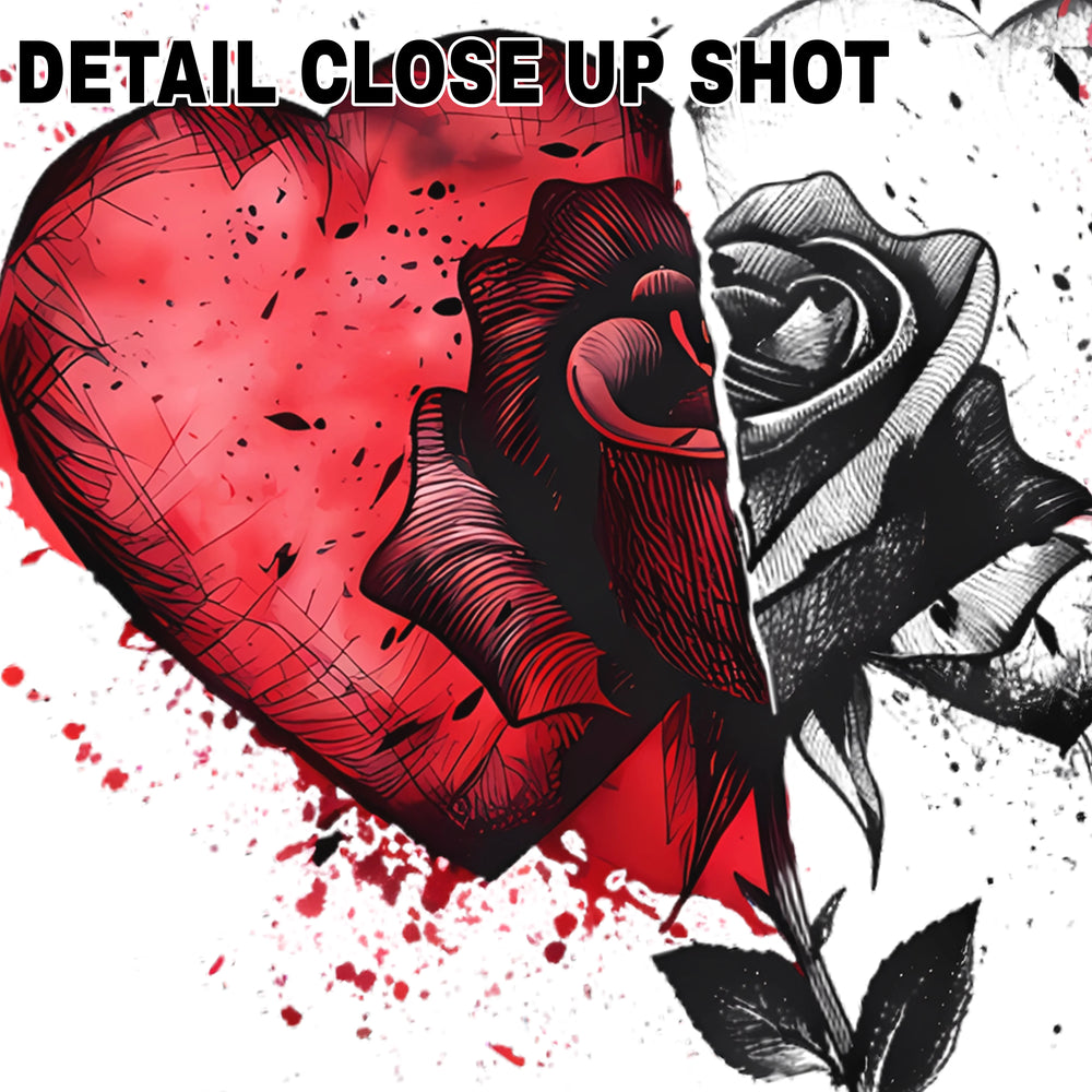Valentine DTF transfer design showing red heart with black rose and artistic paint splatter effects on transparent background