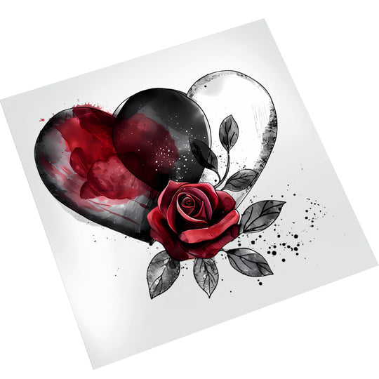 Valentine heart rose tattoo DTF transfer displayed on white background showing full design with paint splatter effects and artistic elements