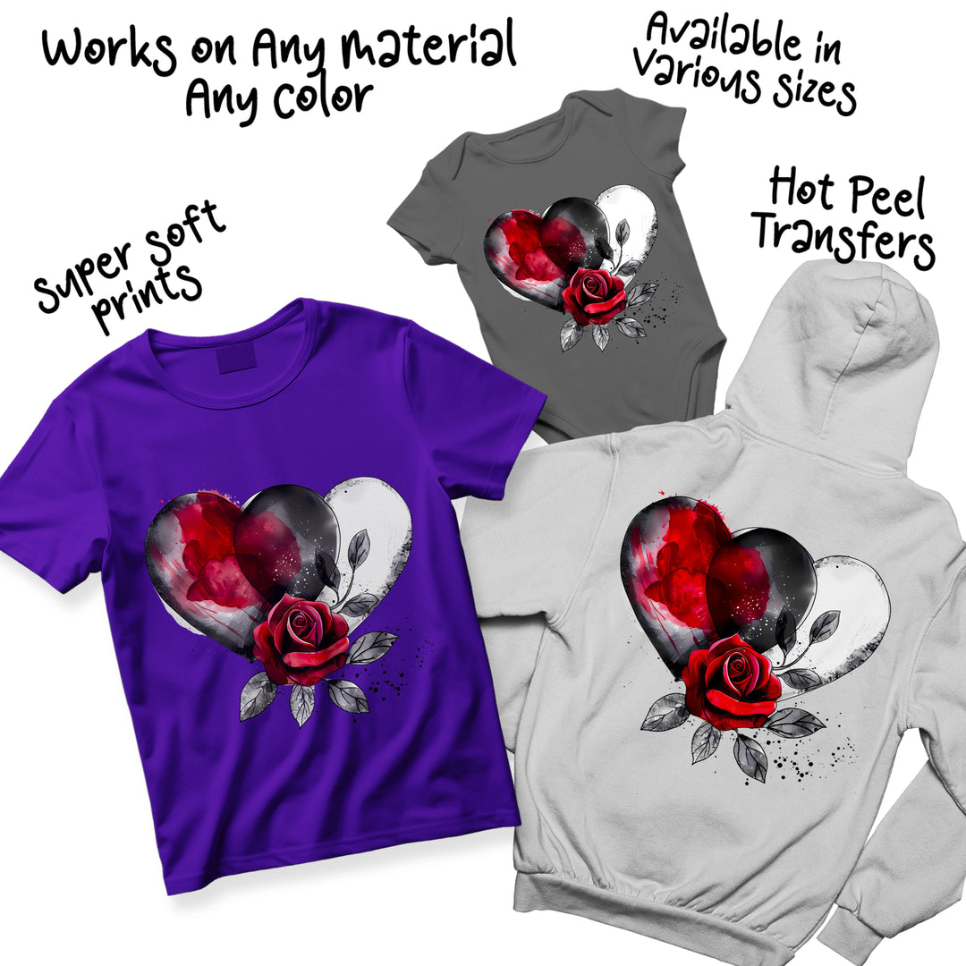 Multi-color variation of Valentine heart rose DTF transfer showing different colorway options for custom apparel projects