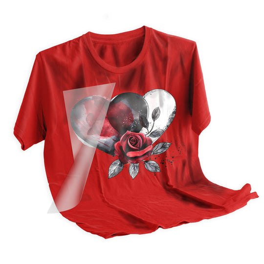 Valentine heart rose tattoo DTF transfer heat pressed onto black t-shirt showing final application result and design placement