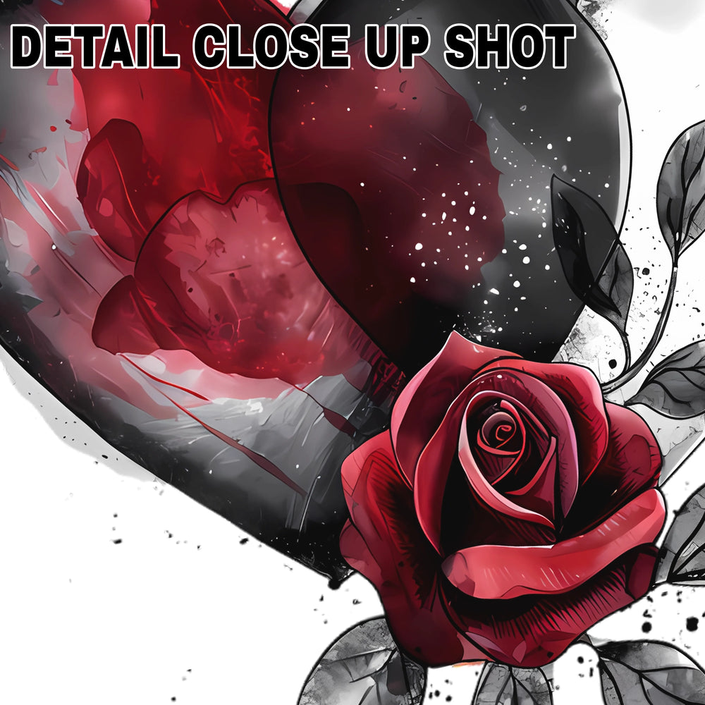 Valentine DTF transfer design featuring artistic black and red watercolor heart with detailed red rose and decorative leaves on transparent background